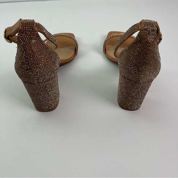 Gold Strappy Sparkly Jewel Open Toe Square Heel Shoes - Picture 8 of 11